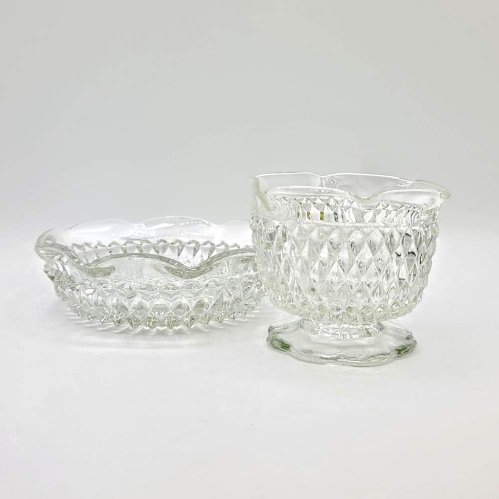 Indiana Glass Diamond Point Hobnail Pressed Glass Mayonnaise Condiment Set Vtg